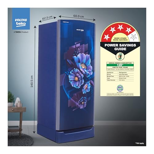 Voltas Beko, A Tata Product 183 L, 4-Star Single Door Direct Cool Refrigerator with Fresh Box Technology (2026 Model, RDC215A / 4W0BBR0M0B00GO, Bonita Blue, Base Drawer) view 2