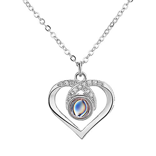 Jeweidea personalizado en forma de corazón foto proyección mujer collar plata oro rosa 100 idiomas te amo proyección imagen colgante para ella/mujer/novia/madre joyería regalos (Plata)