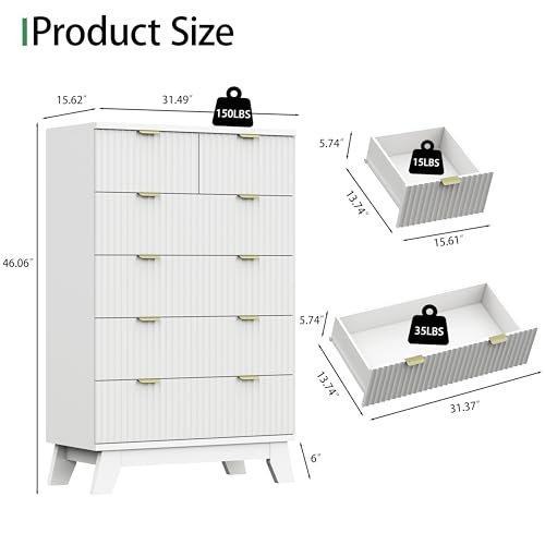 Image of Xixini Fluted Dresser for Bedroom with 6 Drawers, 46 inch Tall Modern Chest of Drawers with Metal Handle, Wooden Dresser TV Stand, Wood Closet Clothes Storage Organizer for Living Room, Hallway, White