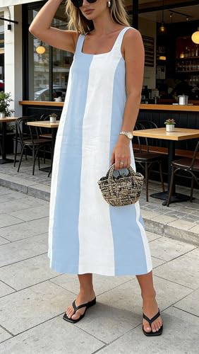 Image of CHARTOU Women Summer Sleeveless Linen Dress Contrast Color Maxi Long Beach Vacation Tank Dress