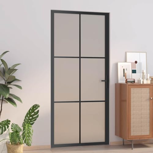 Interior Door 36.6"x79.3" Black Matt Glass, Aluminum Frame, Modern Frosted