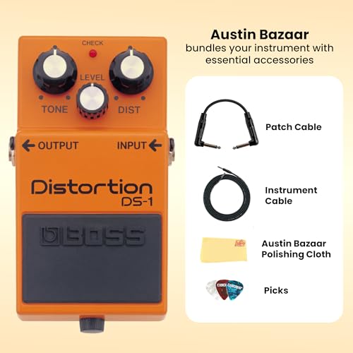 Image of Boss DS-1 Distortion Bundle with Gearlux Instrument Cable, Patch Cable, Picks, and Austin Bazaar Polishing Cloth
