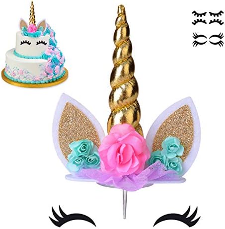 coonoe, Unicorn Cake Topper,Handmade Party Cake Decoration Supplies with Eyelashes and stack,Reuasble Gold Horn for Birthday Party,Baby Shower, Wedding