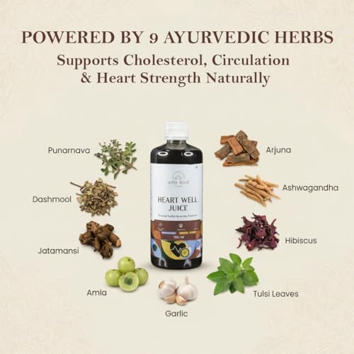 Image of Amysoul Heart Well Juice Ayurvedic Heart Health Supplement pack of 2 (1000ml) with Arjuna Garlic Ashwagandha Amla & Hibiscus | Supports Cardiovascular Wellness, Healthy Blood Pressure, Cholesterol & Circulation | Herbal Heart