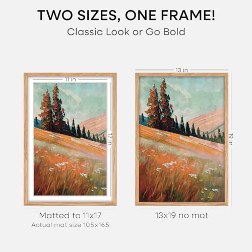 Image of Homeforia 13x19 Picture Frame Wood, High End Natural Oak 13x19 Light Wooden Poster Frame with Mat 11x17, 13 x 19 Frames Matted to 11 x 17 Photo, 19x13 Hanging Frame, Tempered Glass, Wall Kit, Set of 2