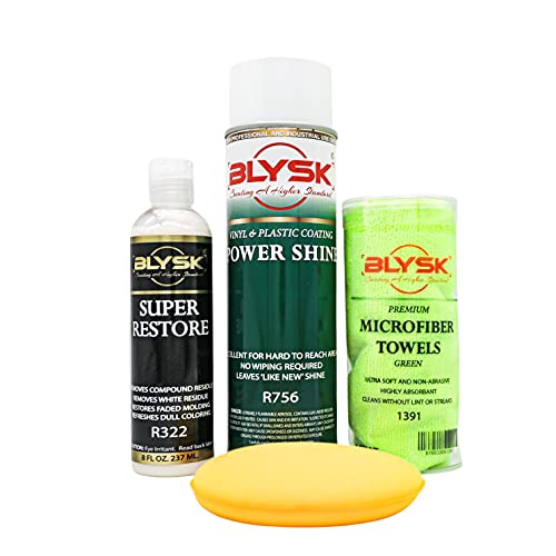 Blysk 4-Piece Restore and Shine Pack - Power Shine Vinyl & Plastic Coating (R756) 11oz, Super Restore 8oz, Microfiber Towel and Applicator Pad