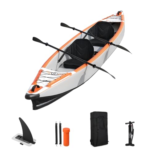 Bonnlo Kayak Inflable Plegable para Adultos con Asientos Pedal, Remos de Aluminio de 2,3 m, Salida - Bomba de Aire de Entrada para 1 Persona, 2 Personas, 2 Más 1 Niño, Seguimiento Fácil, Punto de