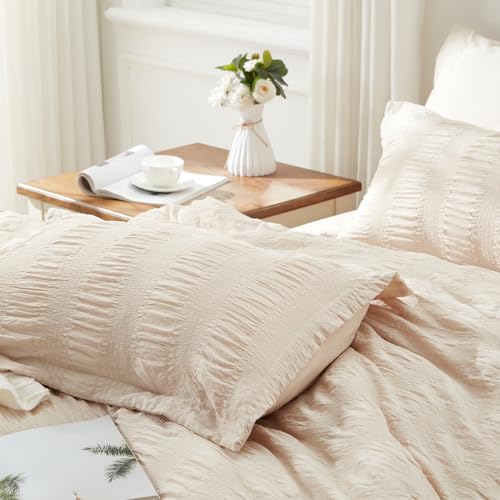 Image of Zzlpp King Comforter Set 7 Pieces, Beige Seersucker Bed in a Bag with Comforter and Sheets, All Season Bedding Sets with 1 Comforter, 2 Pillow Shams, 2 Pillowcases, 1 Flat Sheet