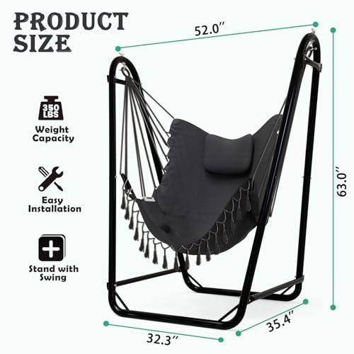Unique U-Shaped Hammock Chair with Stand,Sturdy & Rust-Resistant,Free Gray Cotton Hammock Chair