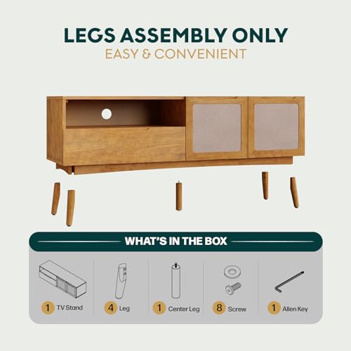 Image of Calista TV Stand 1 Drawer 2 Door - Teak Brown Finish Media Console with Open Shelf & Fabric Panel Doors, Mid-Century Modern Style with Tapered Legs, Easy Assembly