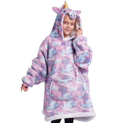 Image of Giggling Getup Wearable Blanket Hoodie for Girls and Boys Sherpa Fleece Hooded Blanket Sweatshirt Warm Cozy Sherpa Wearable Throw Oversized Hoodie with Giant Pocket & Sleeves for Kids Unicorn