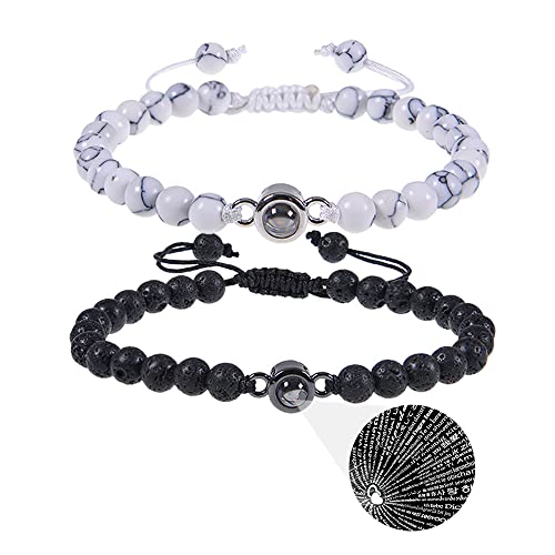 Image of Pingyongchang 2Pcs Natural Stone Bracelets 100 Languages I Love You Bracelets Graduation Gifts,Couple's Memorial Gifts for Boyfriend,Girlfriend,My Love-Black and Pink