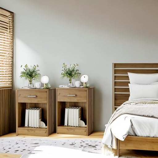 Miniatura 5 de FOTOSOK Juego de 2 mesitas de noche, mesa auxiliar de 2 niveles con cajón y estante de almacenamiento, mesa auxiliar de mesita de noche, mesita de