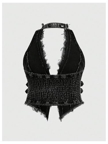 WDIRARA Women's Plus Size Frayed Denim Halter Top Buckle Backless Punk Hippie Jean Crop Top2