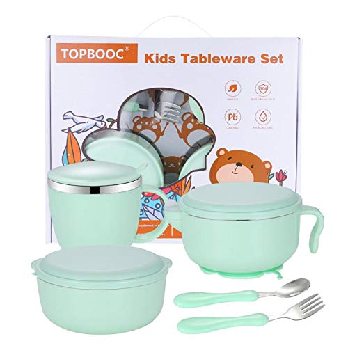 Children\'s Dinnerware Set, TOPBOOC Toddler Dinning Set,BPA Free Kids Tableware Include Bowl, Water Bottle, Suction Plate and Utensil Set Spoon and Fork(Green)