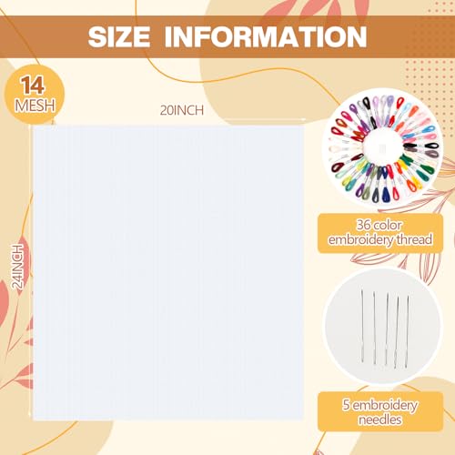 Image of Zeyune Needlepoint Canvas 20 x 24 Inches 14 Mesh Blank White Canvas with 36 Colors Cotton Threads and 5 Needles for Embroidery, Knit Crochet Projects