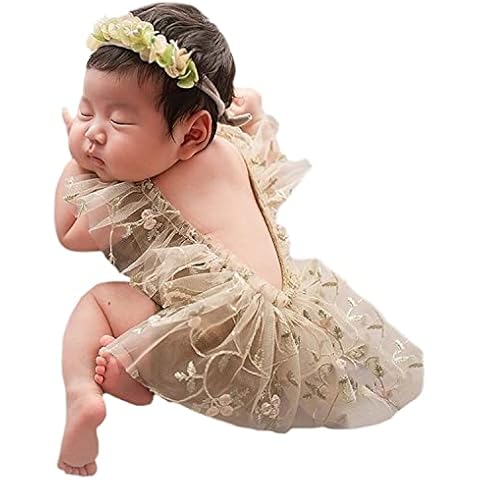 SPOKKI 3 PCS Newborn Photography Props with Baby Lace Rompers Hat Flower Headband Vest Floral Classic Outfits for Girl Princess Twins Birthday Party Cover