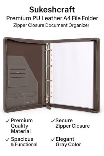 Image of Sukeshcraft PU Multiuse 25 File Sleeve for Documents, Certificates, FDRs | A4 Size Portfolio Document Holder for Office, Home, School & Sports Use (Grain Grey)