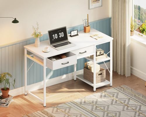 Coleshome Small Computer Desk with Drawers, 40 Inch Reversible Home Office Desk with Storage Shelves, Study Laptop Vanity Table for Bedroom Small Space, White - Image 3