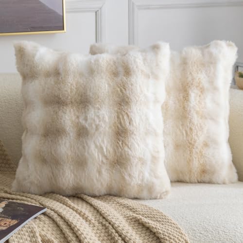 MADIZZ Pack of 2 Thick Plush Faux Wool Throw Pillow Covers Soft Boho Throw Pillows Luxurious Cushion Covers for Couch Sofa Bedroom Living Room Home Decor Euro Sham 26x26 Inch White Beige