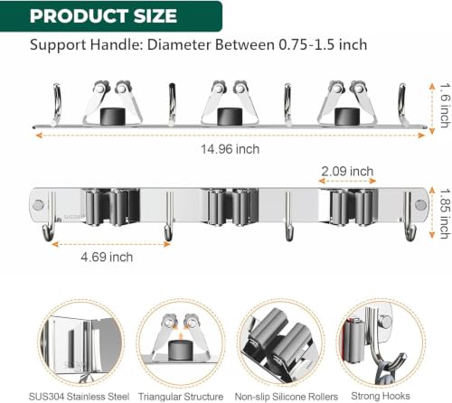 Image of Niwlix 3 Slot & 4 Hook Stainless Steel Mop and Broom Holder