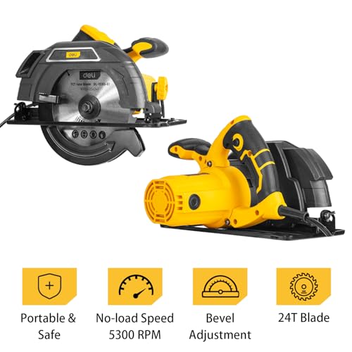 Image of Deli DL-YJ185-E1 1300W 7-1 /4 inch Corded Electric Circular Saw 24T Blade Easy Depth & Bevel Adjustment with Ergonomic Handle for Professional Use (Pack of 1, Yellow and Black)