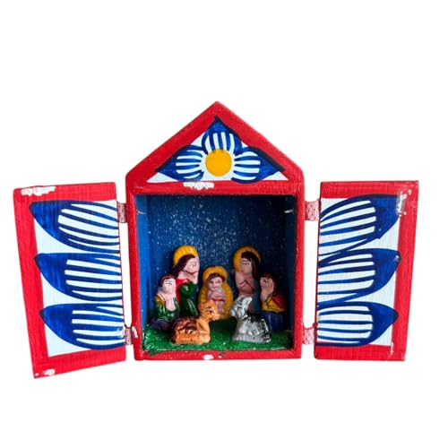 Peruvian Retablo Ayacuchano, Wooden box, Nativity Scene, multicolor, Folk art, Christmas decor, ornaments, handmade, Altarpiece (Red, 3.5