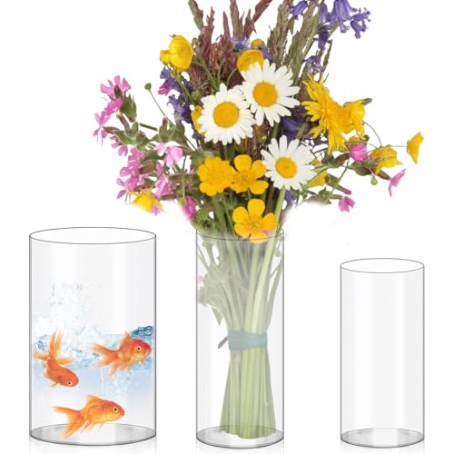 3 jarrones altos de cristal, jarrón de cristal transparente con base, amplia apertura de cristal, jarrón de flores de vidrio de borosilicato, ideal para adornar, para decoración de mesa, velas