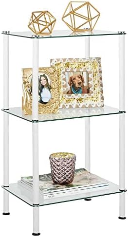 mDesign Metal/Glass 3-Tier Storage Tower, Narrow Shelving Display Unit, Open Glass Shelves; Multi-Use Stand for Living Room, Bathroom, Home Office, Hallway, Bedroom Organization - White/Clear