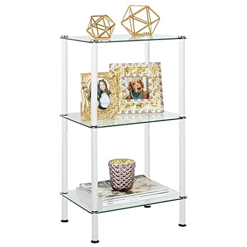 Mdesign Metal/Glass 3-Tier Storage Tower, Narrow Shelving Display Unit, Open Glass Shelves; Multi-Use Stand For Living Room, Bathroom, Home Office, Hallway, Bedroom Organization - White/Clear #TOP13
