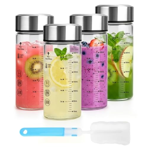 Image of Luxfuel 12 oz Glass Juice Bottles with Lids, 4 Pack Wide Mouth Borosilicate Glass Bottles with Stainless Steel Lids, Heat-Resistant, Leakproof & Reusable for Juicing, Smoothies, Milk, Water, BPA-Free