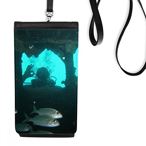 Sac téléphone en cuir noir avec motif plongée sous-marine
