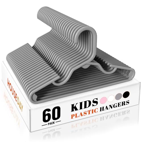 Image of HOUSE DAY Premium Baby Hangers 60 Pack, 11 Inch Kids Plastic Hangers Grey, Slim Childrens Hanger for Infant, Toddler, Child Clothes, Non-Slip Sturdy and Durable Baby Clothes Hanger for Closet
