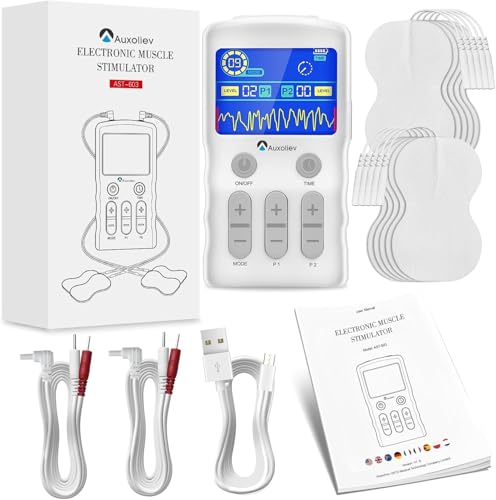Auxoliev TENS/EMS Electroestimulador Muscular, Dispositivo de Multiterapia y Rehabilitación con 25 Modos & 10 Electrodos, para aliviar el dolor muscular y fortalecer los músculos, con diseño patentado