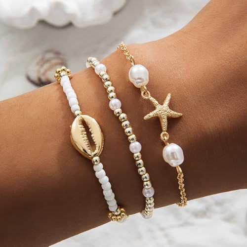 Beach Jewelry Accessories for Women,Trendy Gold Seashell Starfish Bracelet Set Charm Pearl Beaded Layered Bracelets,Boho Stackable Stretch Bracelets3