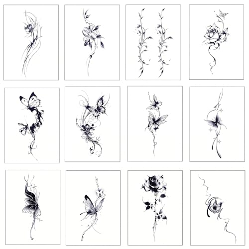 Tatouage Ephemere Femme Papillon et Fleurs - 12 Tatouages Adhésifs pour Adultes - Tatouages Imperméables - Tatouages Temporaires Noir - Coloration après 24...
