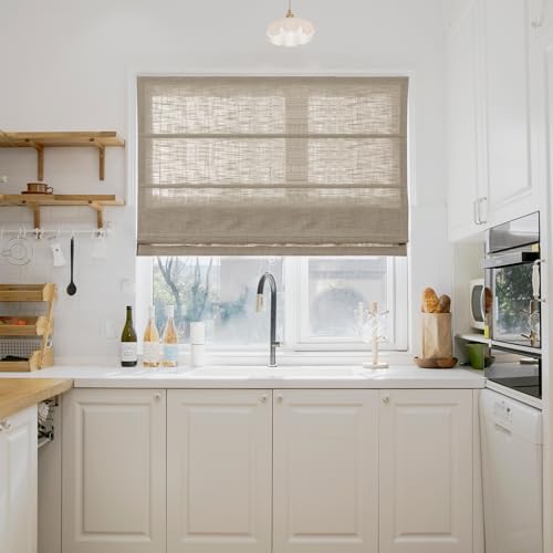 Image of TWOPAGES Liz No Drill Cordless Roman Shades Linen Textured Roman Blinds for Windows, Custom Made Room Darkening Blackout Roman Window Shades, Hardware Included, Grey Beige, 1 Piece
