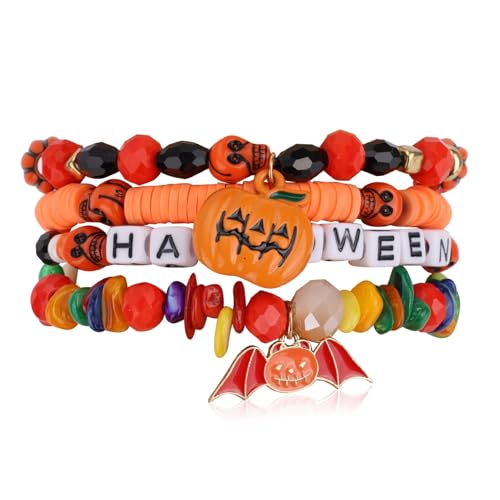 Mikovivi 4 Piezas Pulseras de Halloween para Mujeres, Apilables Pulseras con Dije Calabaza Espeluznante Cuentas Elásticas Joyería Halloween Accesorios Disfraces Regalo