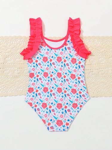 Image of WDIRARA Girl's Cute Swimwear Floral Print Ruffle Trim Swimsuit Beach Sport One Piece Bathing Suit