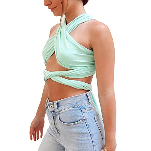 VOMONO Mujeres Y2k entrecruzadas cuello halter recortado Top Sheer Cup Detalle Strappy Tie Backless Basic Tees Crop Tank Top Streetwear Cover