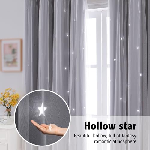 Image of indistar Star Cutout Kids Window Blackout Curtains for Girl Bedroom Window Room Darkening Curtains & Drapes Baby Nursery Curtains (2 Panel, 52Wx63L inch,Grey)