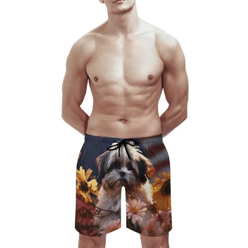 Mens Shorts Shih Tzu Dog and Flowers Men Swim Trunks Quick-Dry Beach Shorts with Drawstring Pocket Bathing Suit3