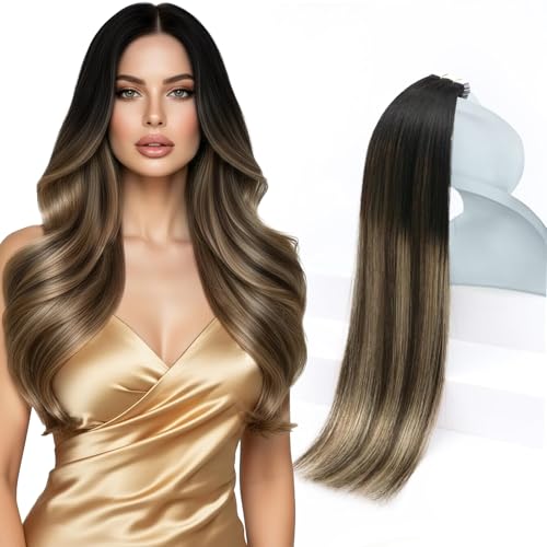 Sunny Hair Tape in Hair Extensions Real Human Hair Invisible Remy Hair Extensions Tape ins for Women Natural Black Ombre Dark Brown Balayage Ash Blonde 20 inch 20Pcs 50G by Sunny Hair - Used condition - CA$48.74