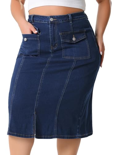 Agnes Orinda Plus Size Denim Skirt for Women Basic High Waist Ripped Hem Pockets Jeans Skirts2