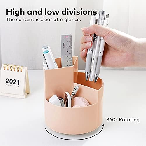 AhfuLife Creative Rotating Pencil Holder, Makeup Brush Holder with 3 Capacity Brush Pot, Decorative Stationery Storage Boxes for Home and Office (Orange Pink)