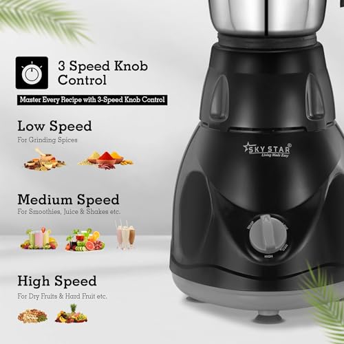 Image of Skystar 750W 4 Jar BIS Approved Juicer Mixer Grinder with Heavy Duty Motor, Premium Black Diamond Cut Body, 3 Speed Modes, Durable ABS Build, 2 Years Warranty