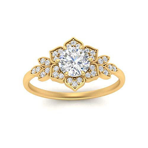 Image of 55Carat Choose Your Gemstone 14k Yellow Gold Plated Round Shape Halo Engagement Rings Everyday Jewelry Floral Halo Diamond CZ Handmade Engagement Birthstone Ring Gifts for Wife : US Size 4 to 12