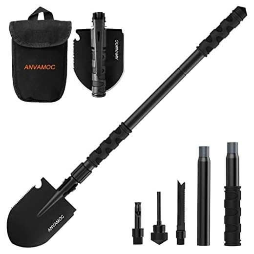 ANVAMOC Military Folding Camping Shovel,Multifunctional Portable Survival Shovel Spade,High Carbon Steel Entrenching Tool, Tactical Shovel for Camping, Hiking,Gardening, Trekking, Fishing ,Backpacking