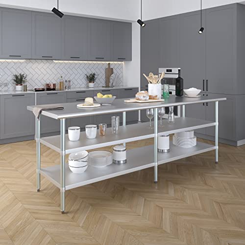 Image of AmGood Stainless Steel Work Table with 2 Shelves | NSF | Metal Utility Table (96 inch Long x 30 inch Deep)