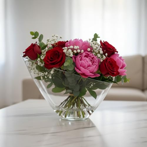 Image of KALAKRITI 21 cm Tilted Glass Flower Vase | Slanted Clear Glass Decorative Table Vase | Modern Centerpiece Flower Holder for Living Room, Bedroom, Office | Premium Transparent Floral Display Bowl